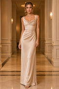 Champagne Cowl Neck Charmeuse Sheath Evening Dress with Spaghetti Straps and Low Back front view