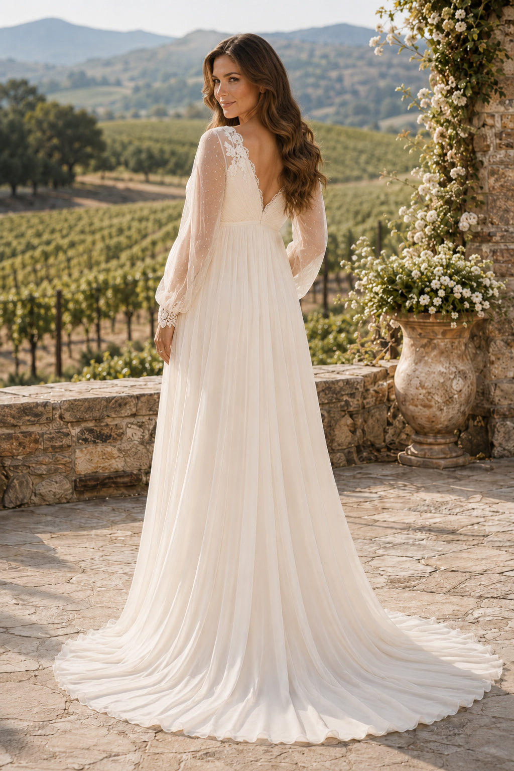 Ivory Maternity V-Neck Long Sleeve Chiffon A-Line Wedding Dress with Deep V Back back view