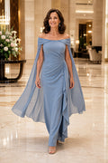 Steel Blue Off the Shoulder Sheath Mother Dress with Cape Sleeves and Ruching for Evening Reception front view