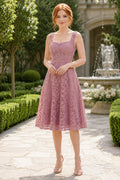 Dusty Rose Square Neck Cocktail Sheath Dress front view
