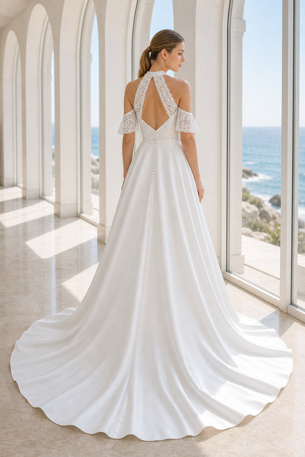 White V-neck A-Line Lace Floor-length Wedding Dress With Lace and Beaded Waist and Open Back Lace Hem Detail