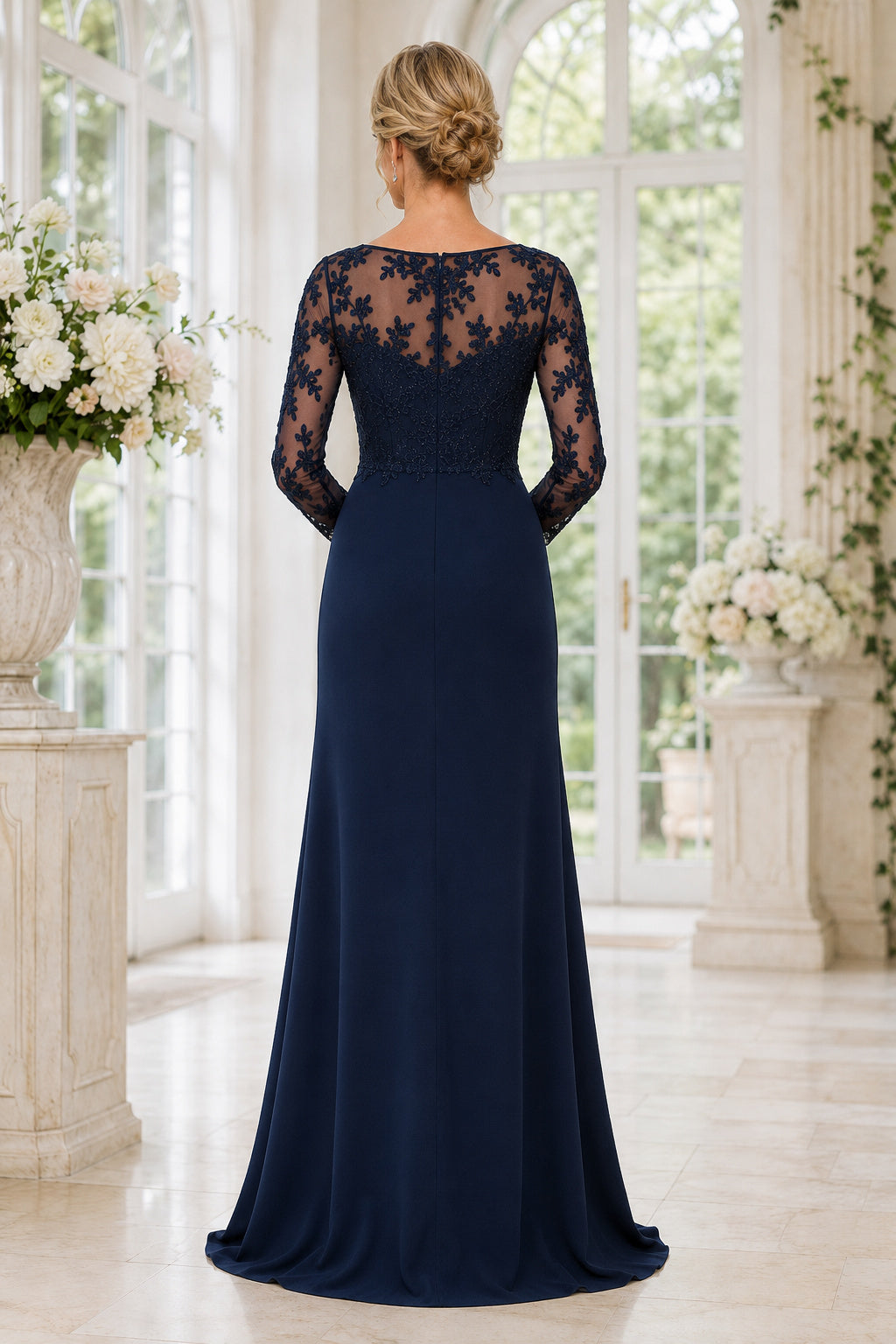 Dark Navy Illusion Lace Sheath Mother Dress with Long Sleeves and Beaded Bodice back view
