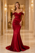 Burgundy Off-the-Shoulder Satin Mermaid Evening Dress with Train front view