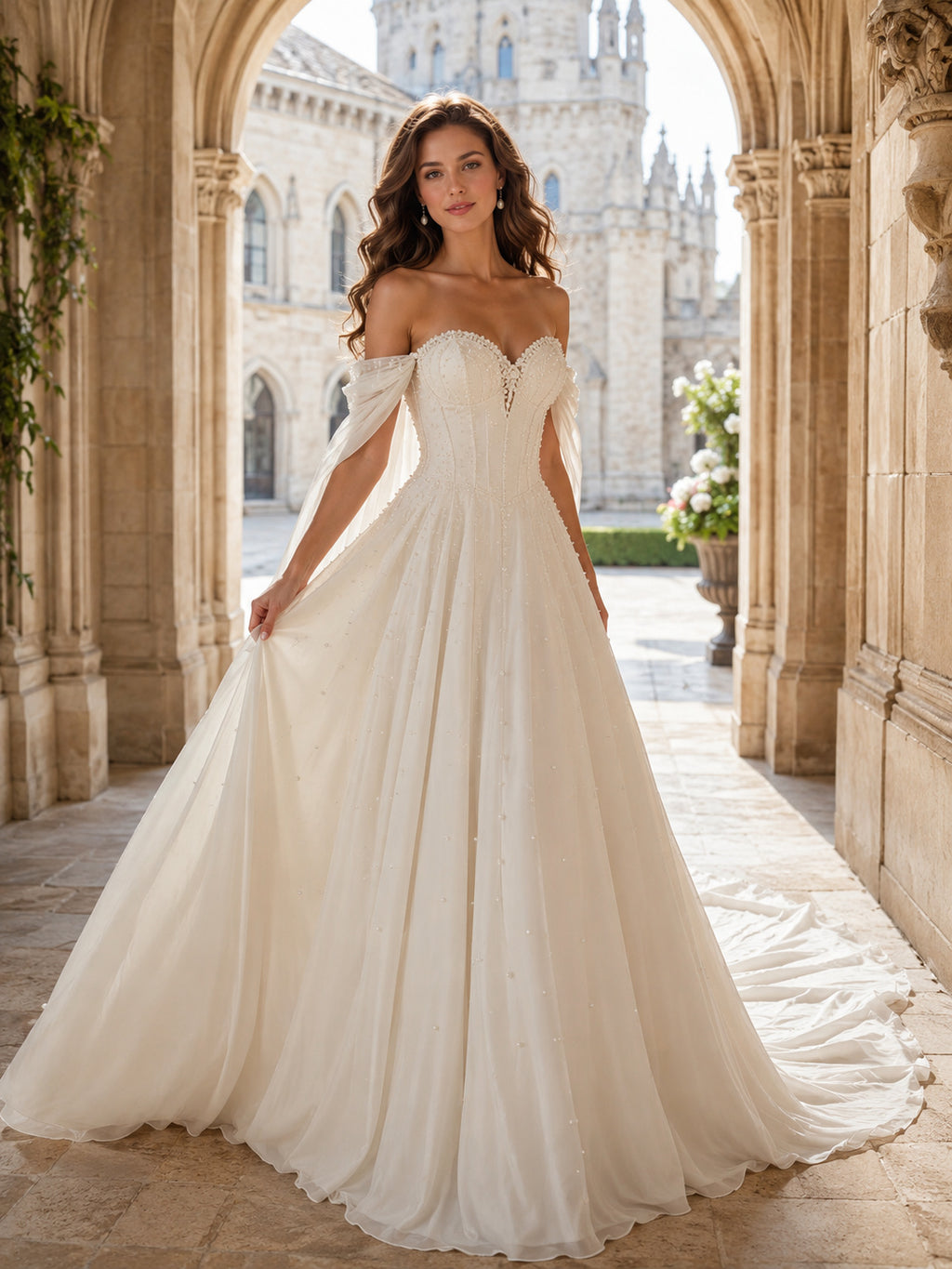 Tulle Wedding Dress A-Line Off Shoulder Sweep Train Ruffle Detail Low V Back Bridal Gown front view