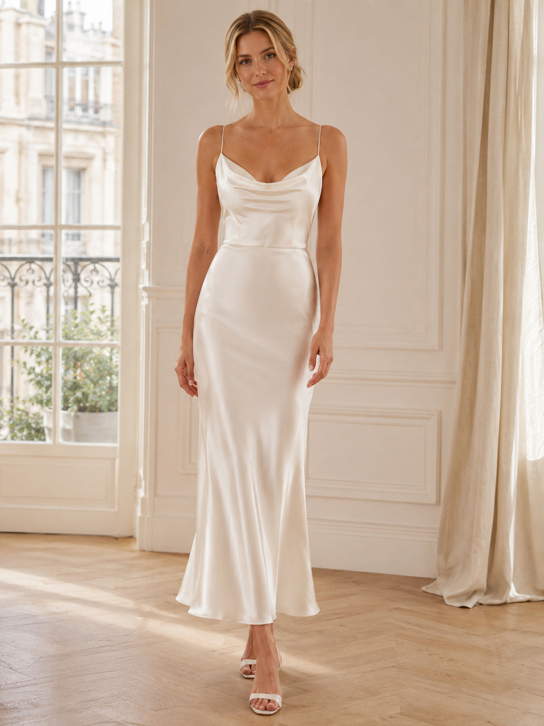 Minimal Satin Intimate Wedding Sheath Cowl Neck Spaghetti Straps Ankle Length front view