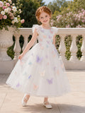 White Flower Girl Dress with Layered Petal Sleeves, Pastel Butterfly Appliques, Jewel Neck and Tea-Length Tulle A-Line Skirt