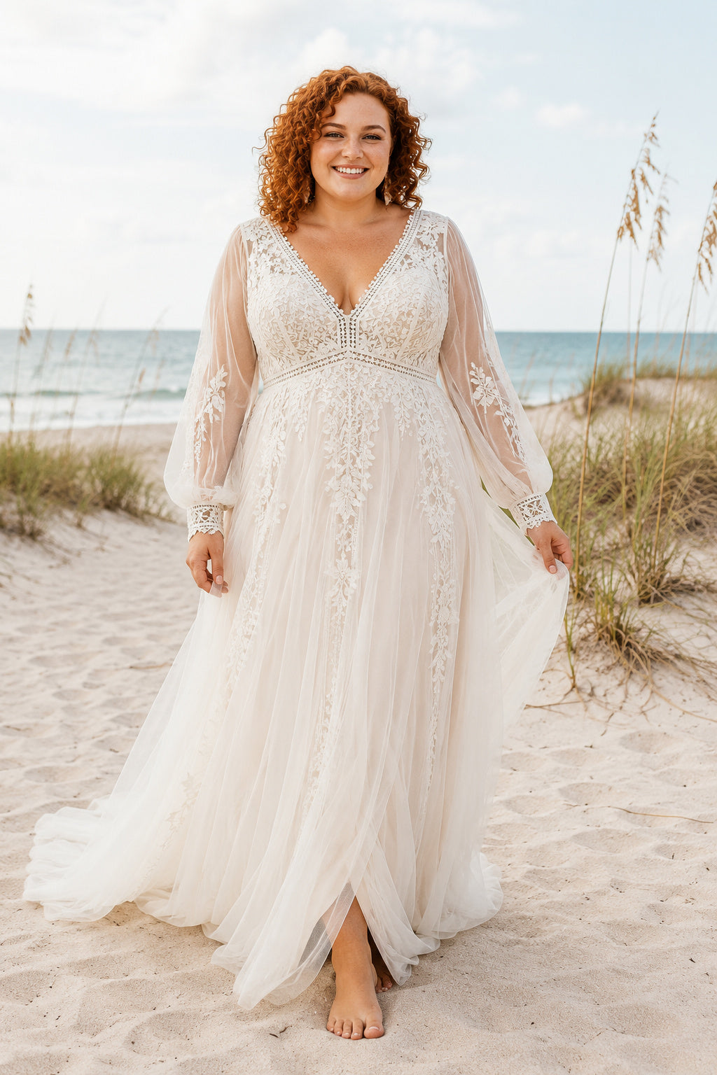 Plus Size Ivory V-Neck Long Sleeve Chiffon A-Line Wedding Dress with Split front view