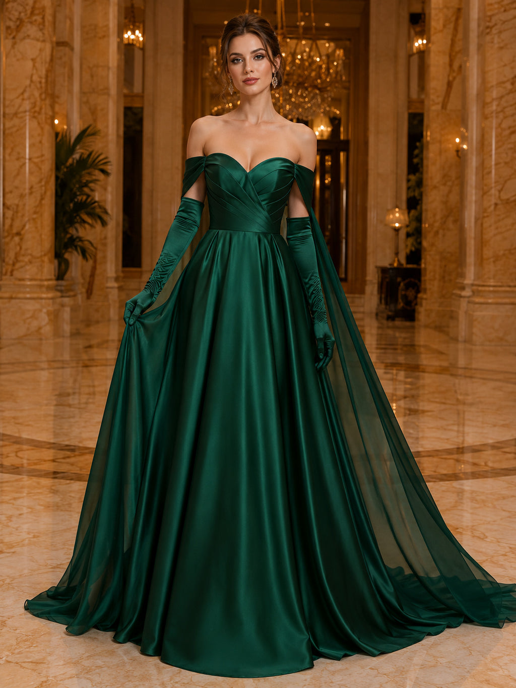 Dark Green Off Shoulder Sweetheart Draped Satin Ball Gown Sweep Train Cape Evening Dress front view