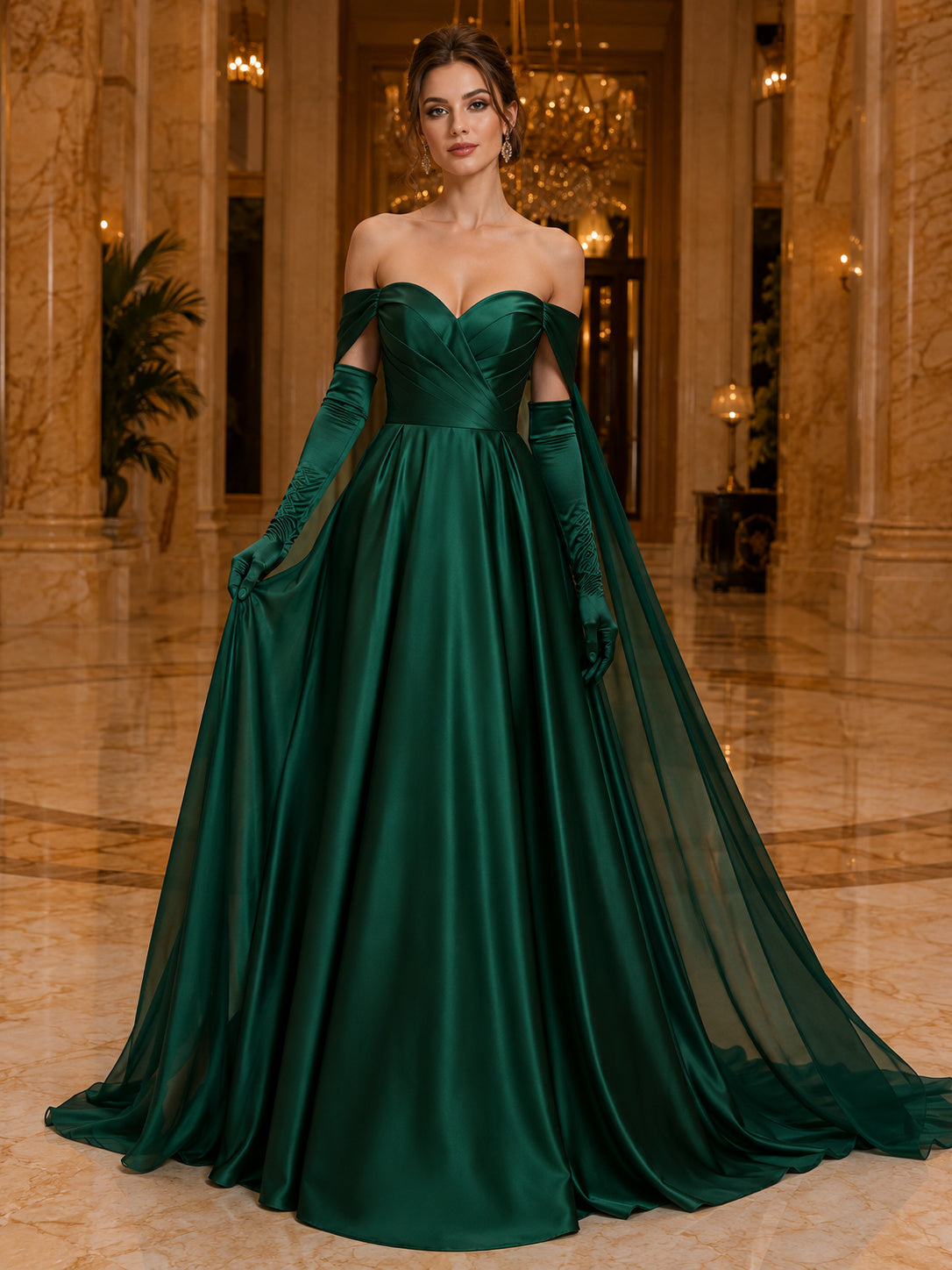 Dark Green Off Shoulder Sweetheart Draped Satin Ball Gown Sweep Train Cape Evening Dress front view