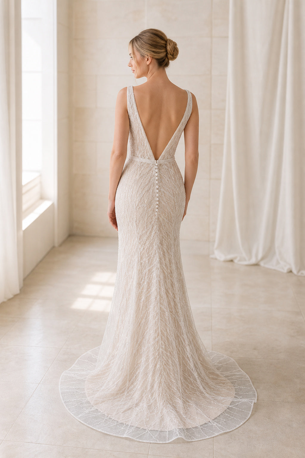 White Scoop Short Sleeves A-Line Chiffon Floor-length Wedding Dress With Front Slit and Beaded Waist and Open Back