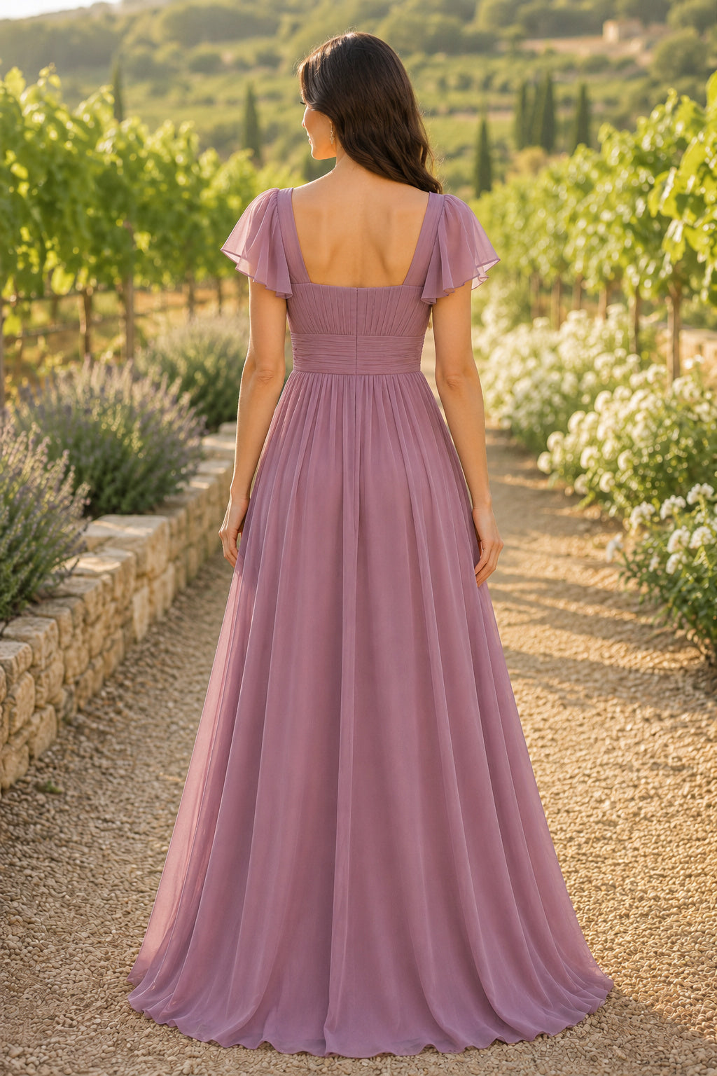 Dusty Rose Square Neck Chiffon A-Line Bridesmaid Dress with Short Flutter Sleeves back view