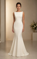 Crepe Formal Gown with Bateau Neckline Mermaid Dress and Bow Back front view