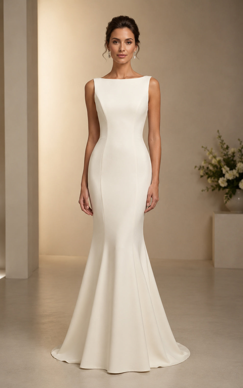 Crepe Formal Gown with Bateau Neckline Mermaid Dress and Bow Back front view