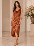 Brown Cowl Neck Wide Strap Satin Wrap Midi Guest Dress front view