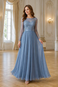 Steel Blue Long Sleeve A-Line Mother Dress with Illusion Lace Bodice front view