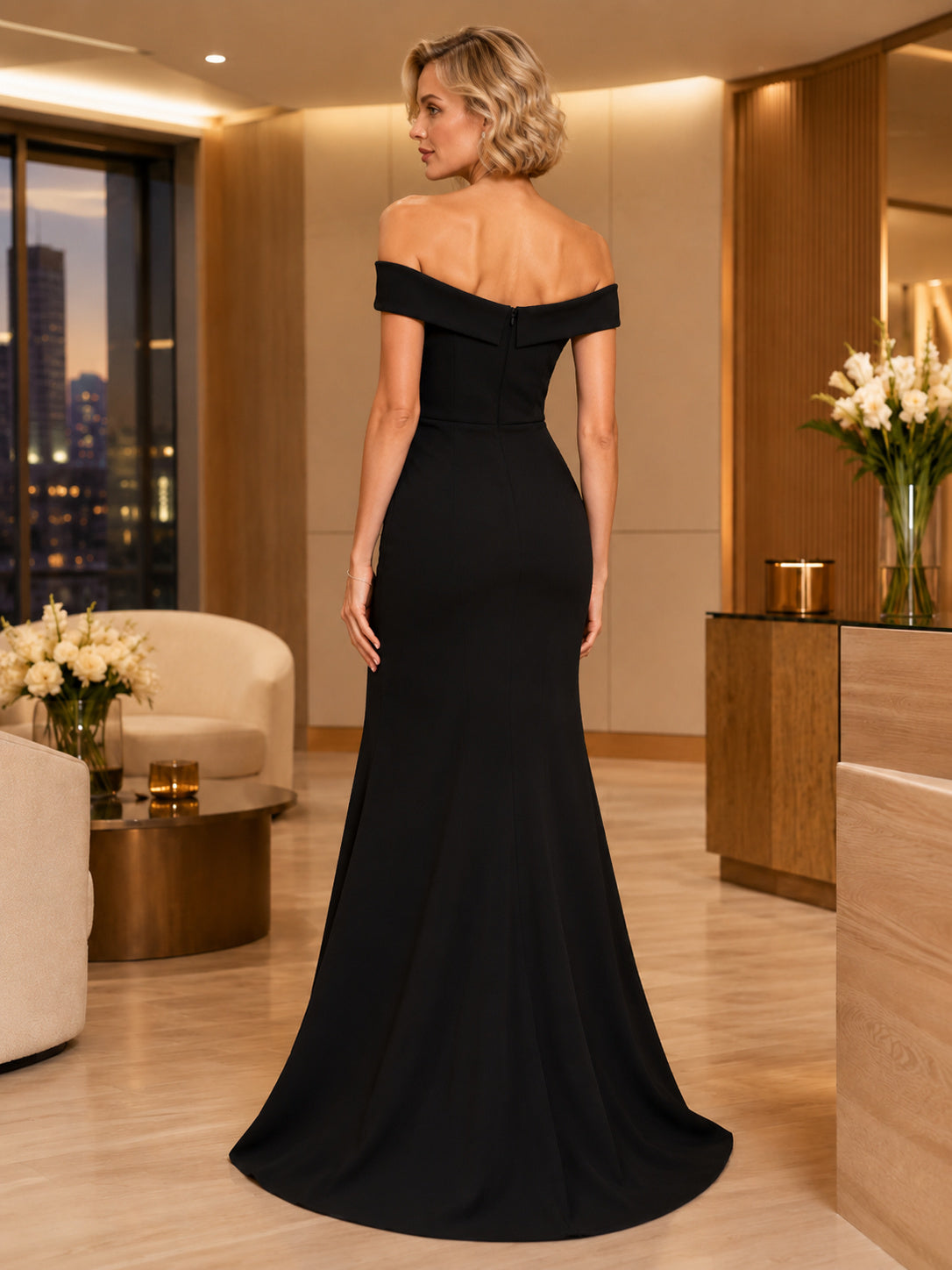 Black Off Shoulder Sweetheart Mermaid Floor Length Formal Gown back view