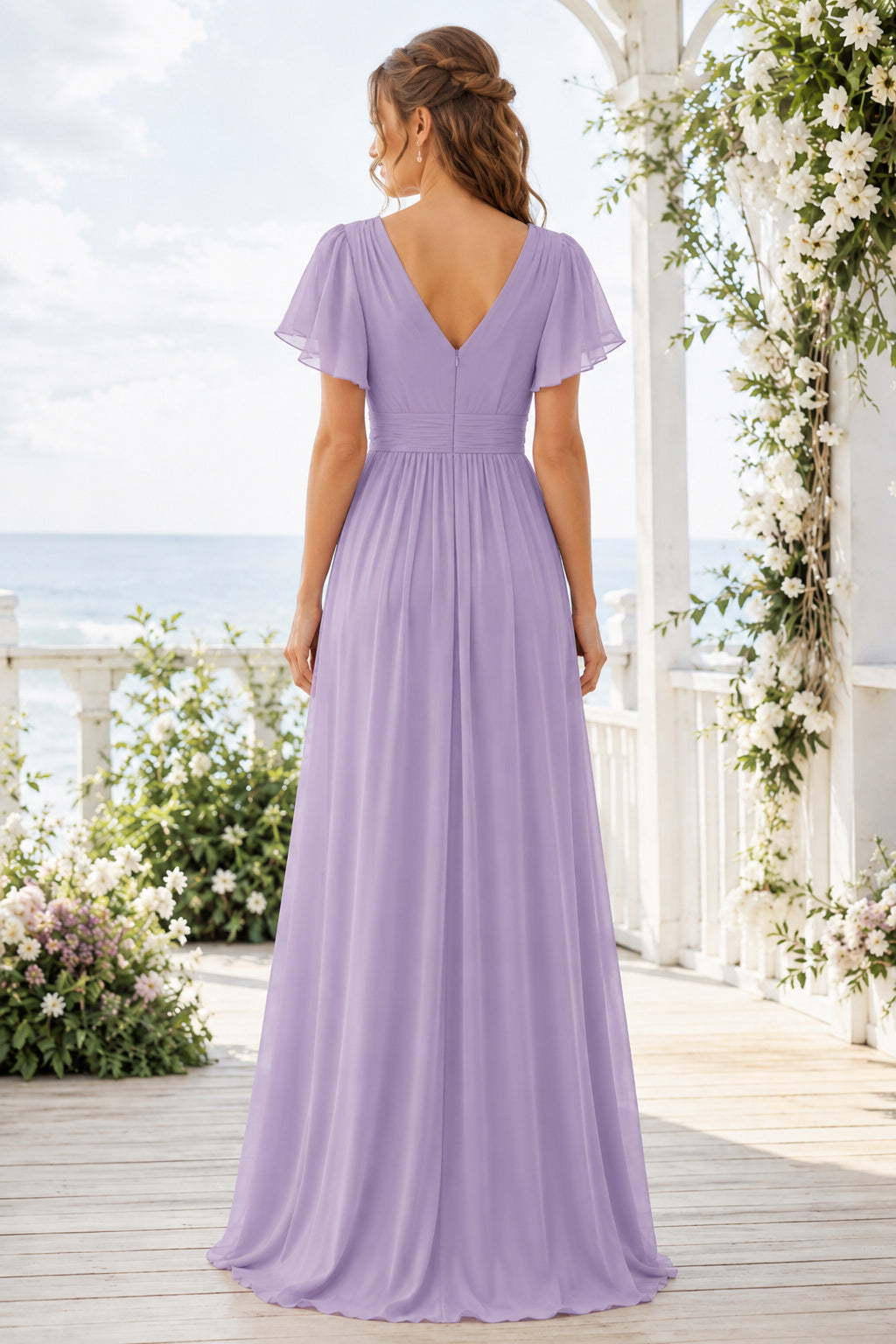 Lavender V-Neck Chiffon A-Line Bridesmaid Dress with Flutter Sleeves and Pleated Bodice back view