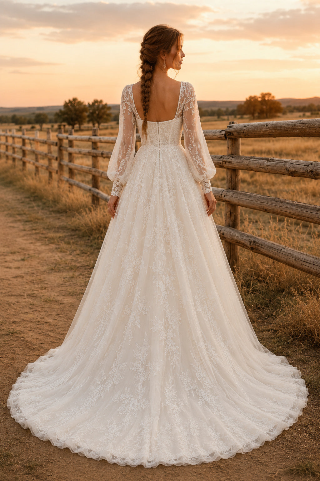 Ivory Square Neck Long Sleeve Lace A-Line Wedding Dress with Full Tulle Skirt and Train back view