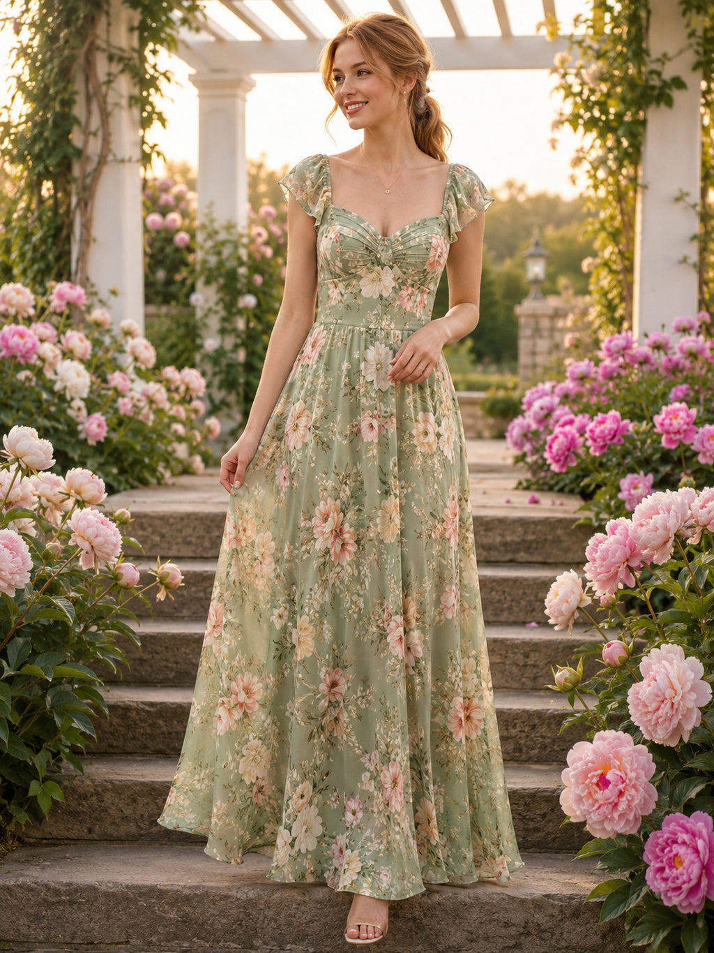 Sage Floral Sweetheart Cap Sleeve Chiffon Maxi Guest Dress front view