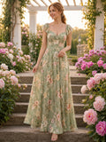 Sage Floral Sweetheart Cap Sleeve Chiffon Maxi Guest Dress front view