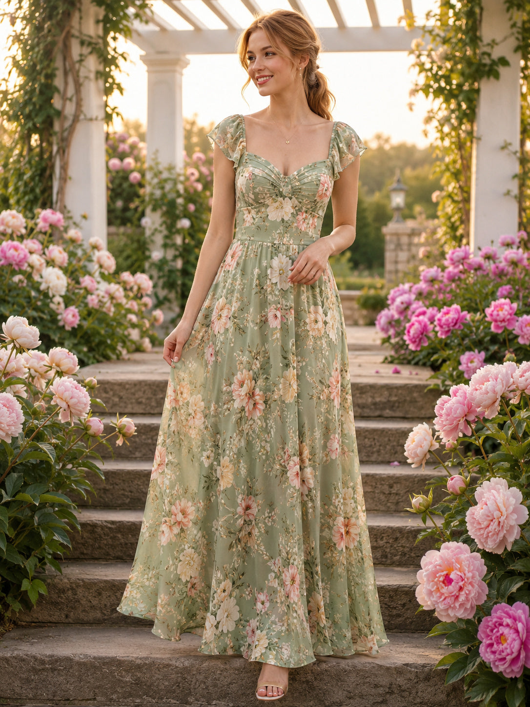 Sage Floral Sweetheart Cap Sleeve Chiffon Maxi Guest Dress front view
