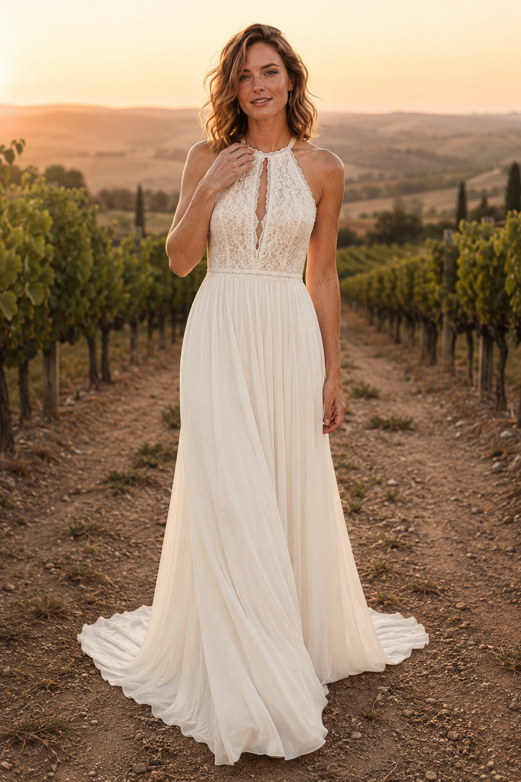 Ivory High Neck Halter Chiffon A-Line Wedding Dress with Split Back and Train front view