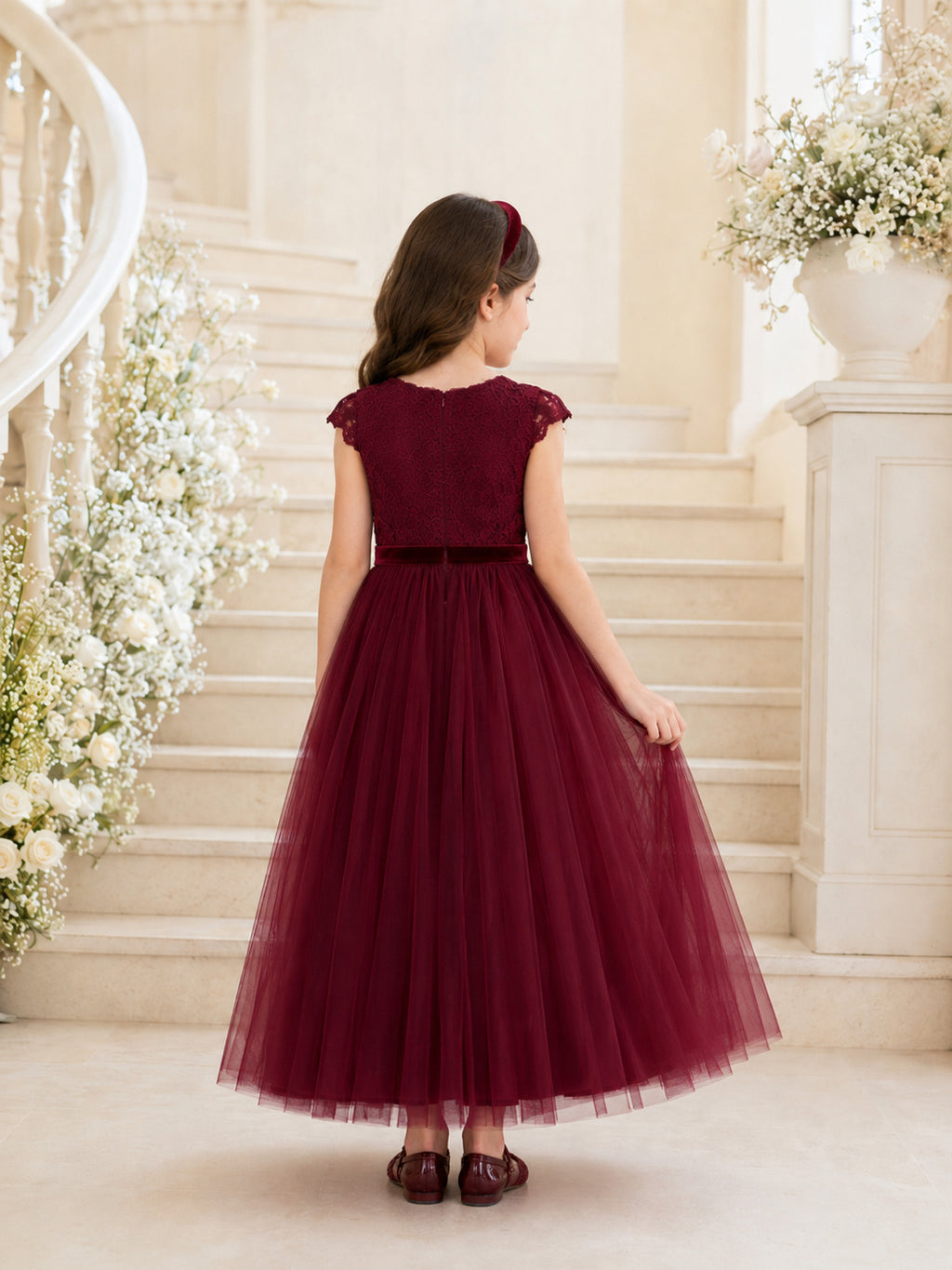 Burgundy Bow Back Tulle A-Line Flower Girl Dress with Jewel Neck, Cap Sleeves, and Tea-length Skirt back view