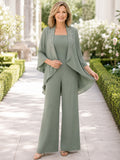Sage Mother Pantsuit with Square Neck Top, Draped Chiffon Jacket and Wide Leg Pants front view