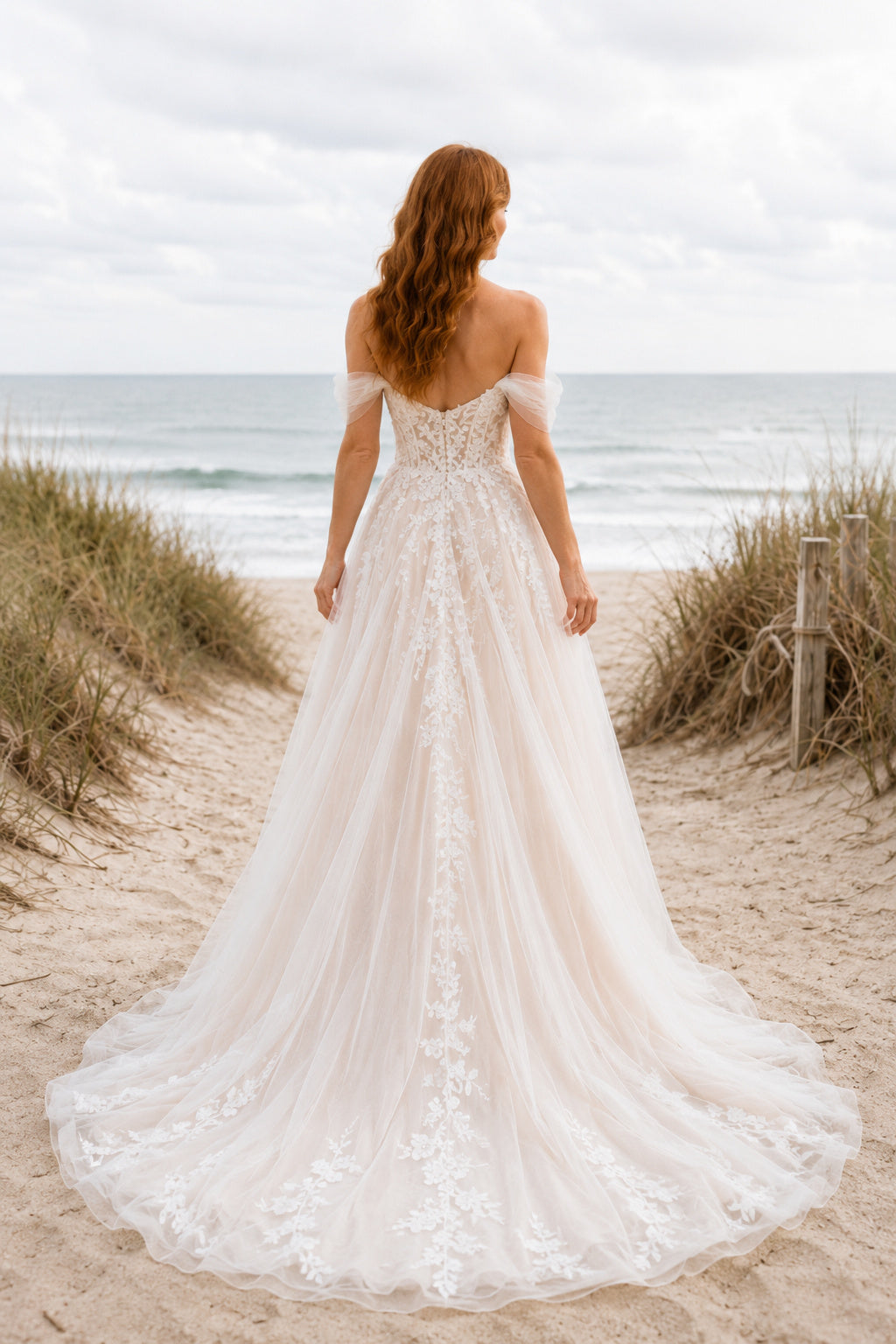 Ivory Off-the-Shoulder Tulle A-Line Wedding Dress with Lace Bodice and Beach Train back view