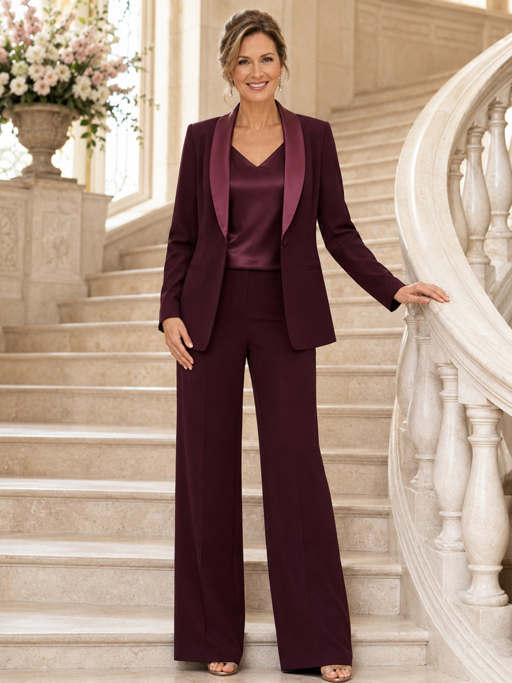 Burgundy Modest Satin-Lapel Cowl-Shell Wide-Leg Mother of the Bride Pantsuit with Long Tailored Jacket front view