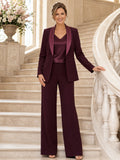 Burgundy Modest Satin-Lapel Cowl-Shell Wide-Leg Mother of the Bride Pantsuit with Long Tailored Jacket front view