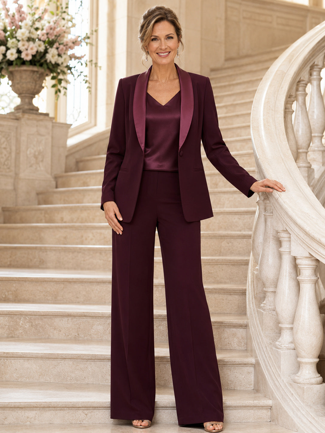 Burgundy Modest Satin-Lapel Cowl-Shell Wide-Leg Mother of the Bride Pantsuit with Long Tailored Jacket front view