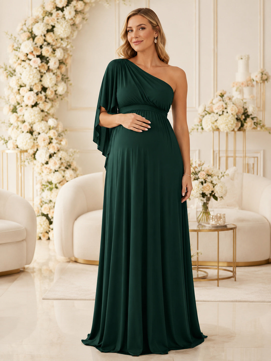 Dark Green Maternity One Shoulder Cape Sleeve Empire Jersey Floor Length Evening Dress front view