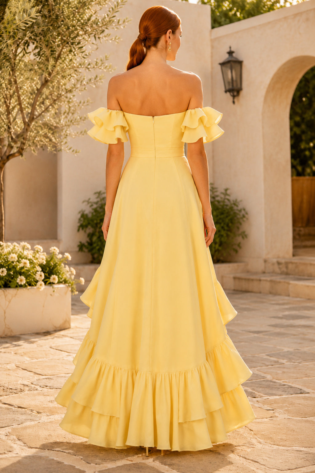 Sky Blue Ruffle Wedding Guest Sheath Dress back view