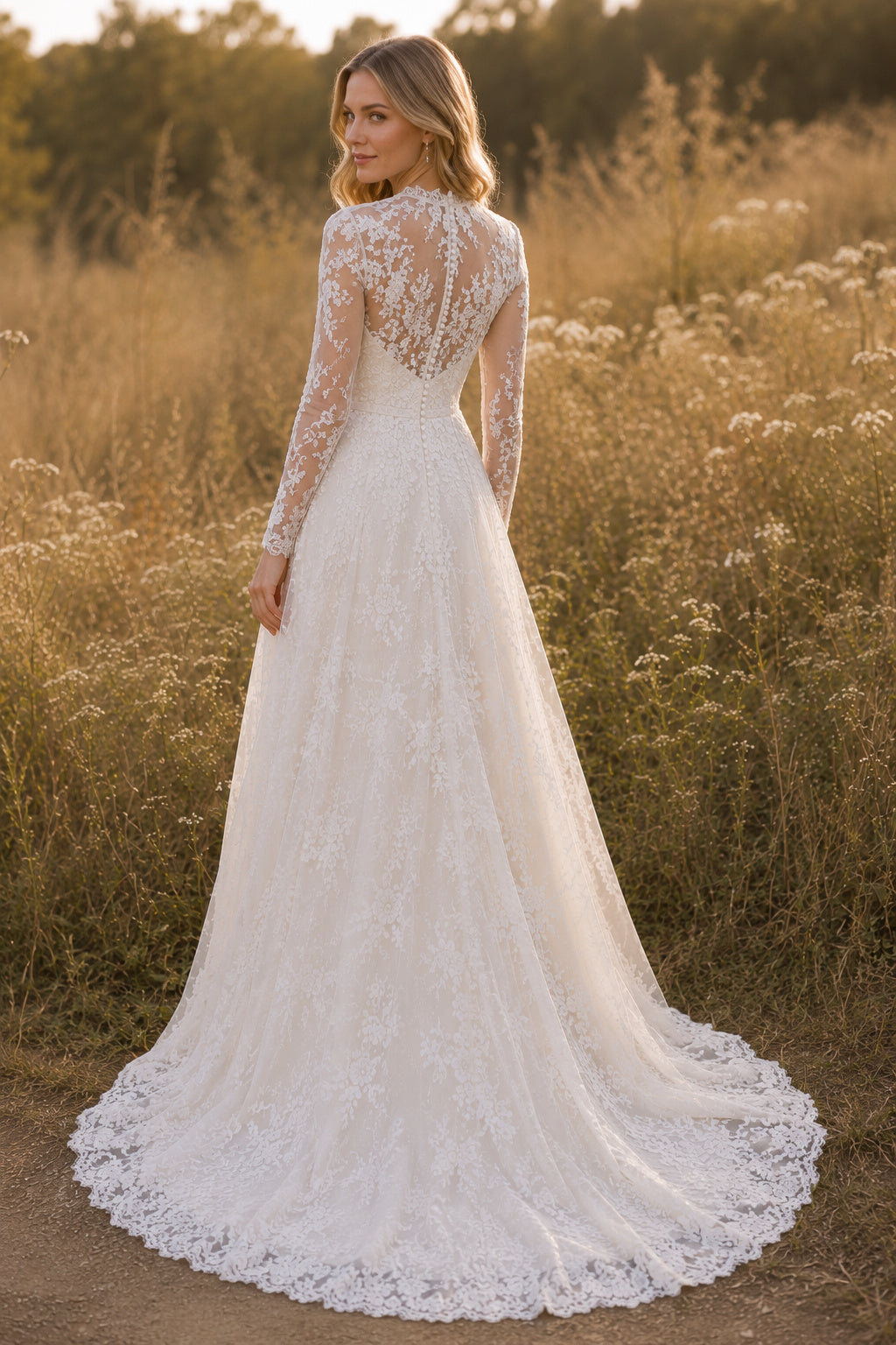 Ivory High Neck Long Sleeve Lace A-Line Wedding Dress Train for Wedding Ceremony and Reception Style MG_701496 back view