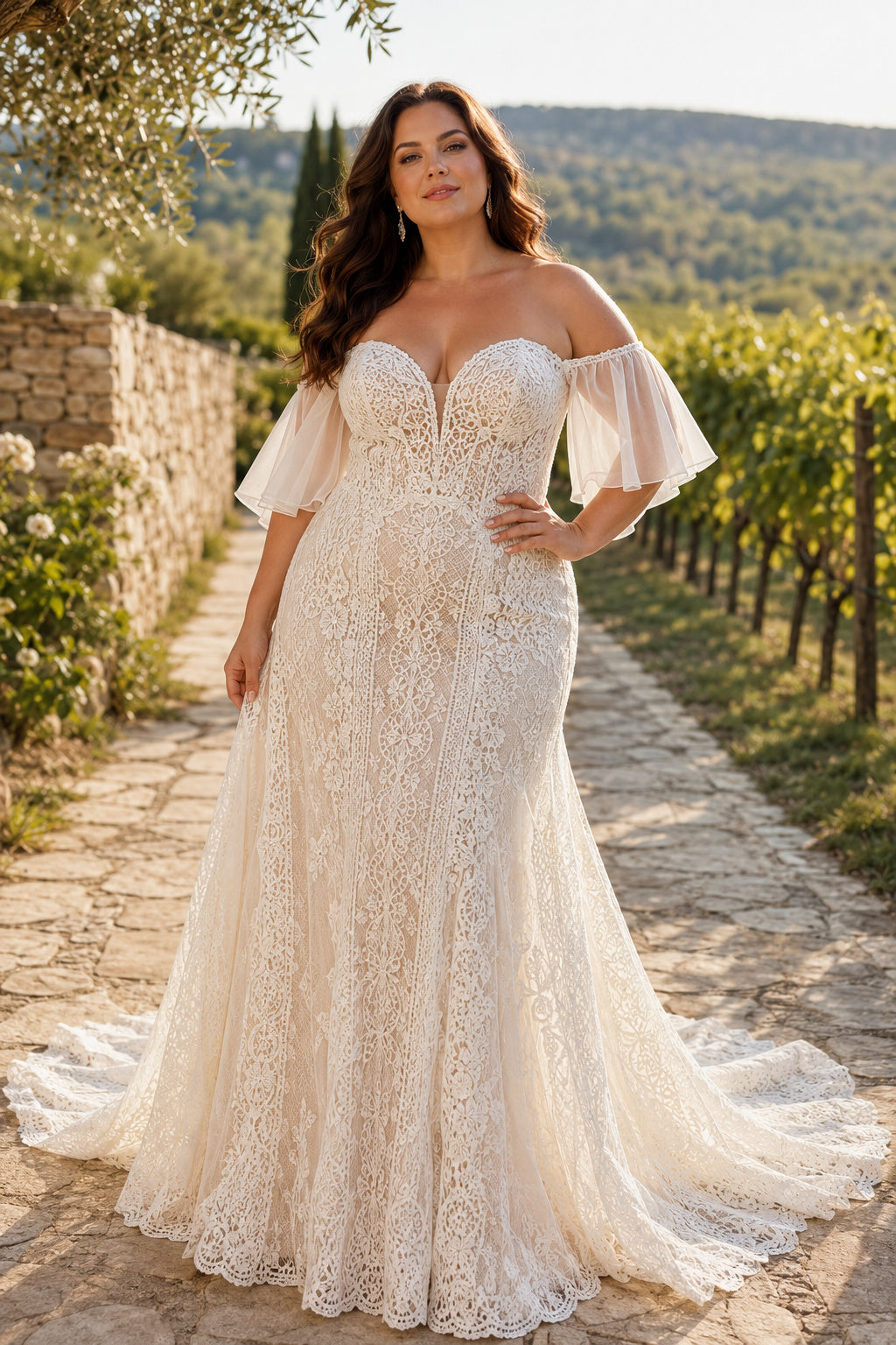 Plus Size Ivory Off-the-Shoulder Sweetheart Flutter Sleeve Lace Tulle Mermaid Wedding Dress with Flutter Sleeves and Lace Mer