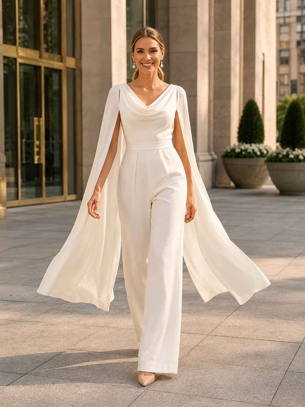 Courthouse Bridal Cowl Neck Cape Sleeve Jumpsuit Wedding Dress front view