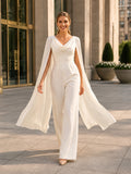 Courthouse Bridal Cowl Neck Cape Sleeve Jumpsuit Wedding Dress front view