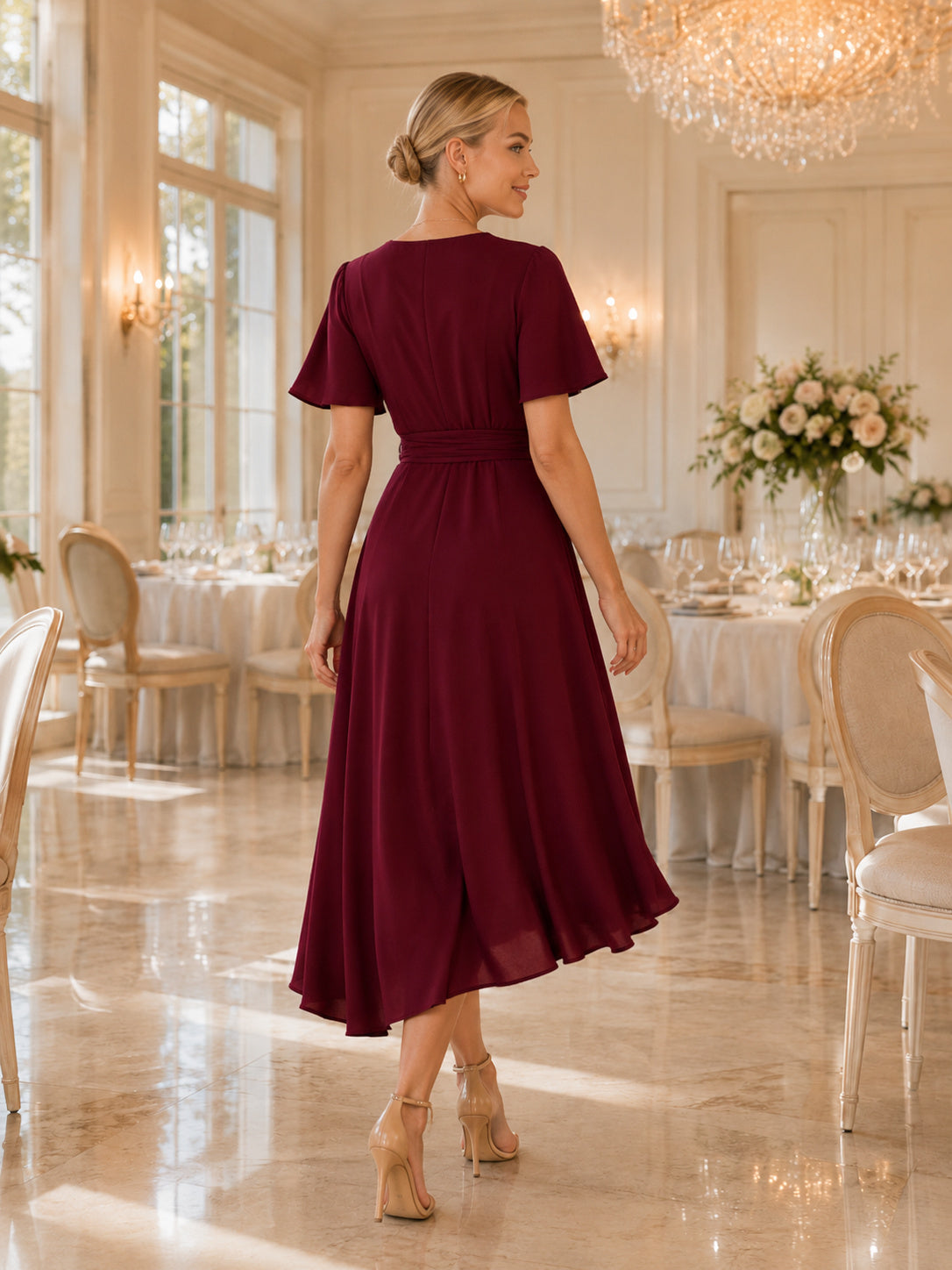 Burgundy flutter sleeve wrap A-line alumni midi dress back view