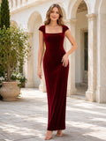 Red Square Neck Cap Sleeve Velvet Sheath Ankle Guest Dress front view