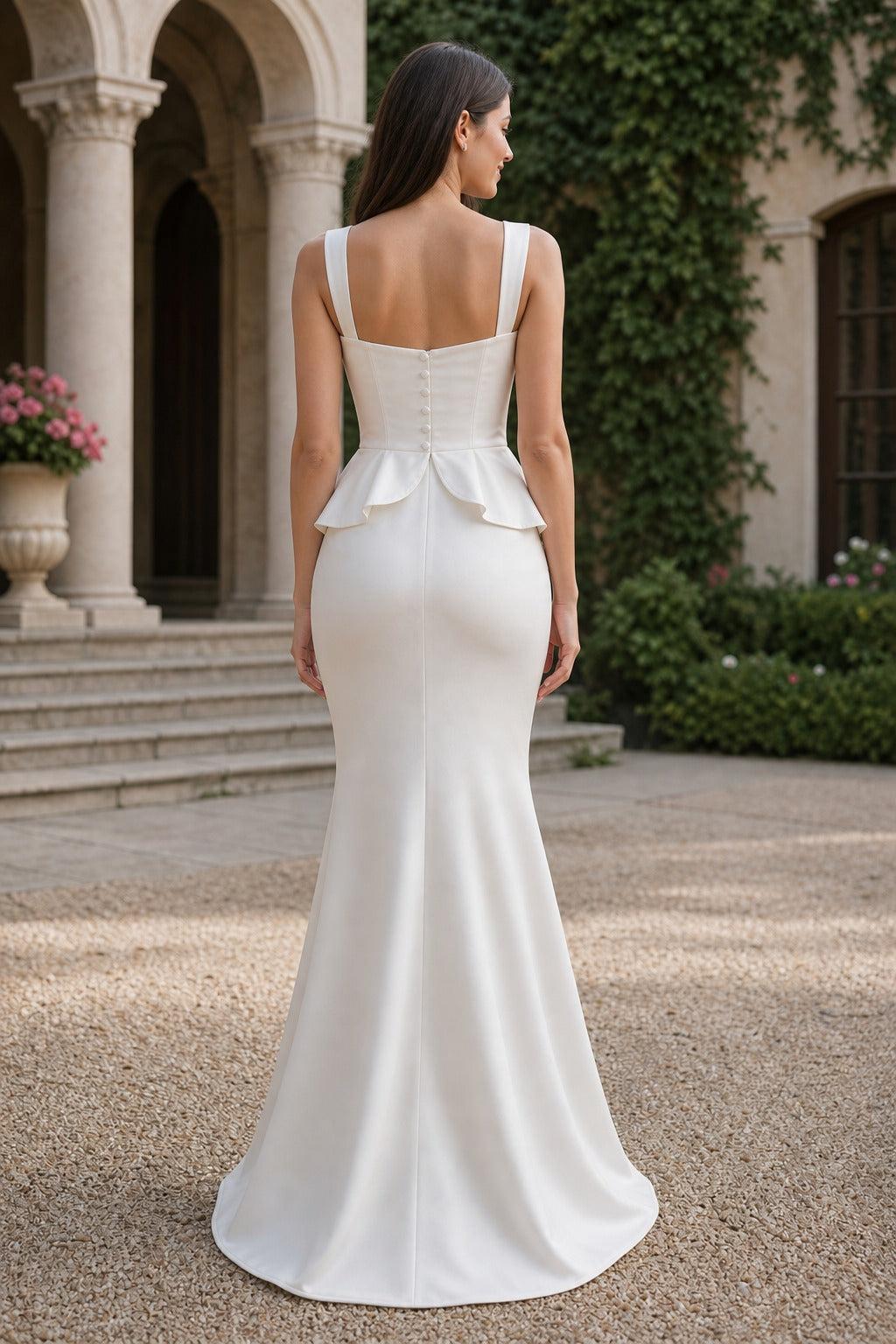 White V-Neck Floor-Length Crepe Mermaid Dress with Peplum