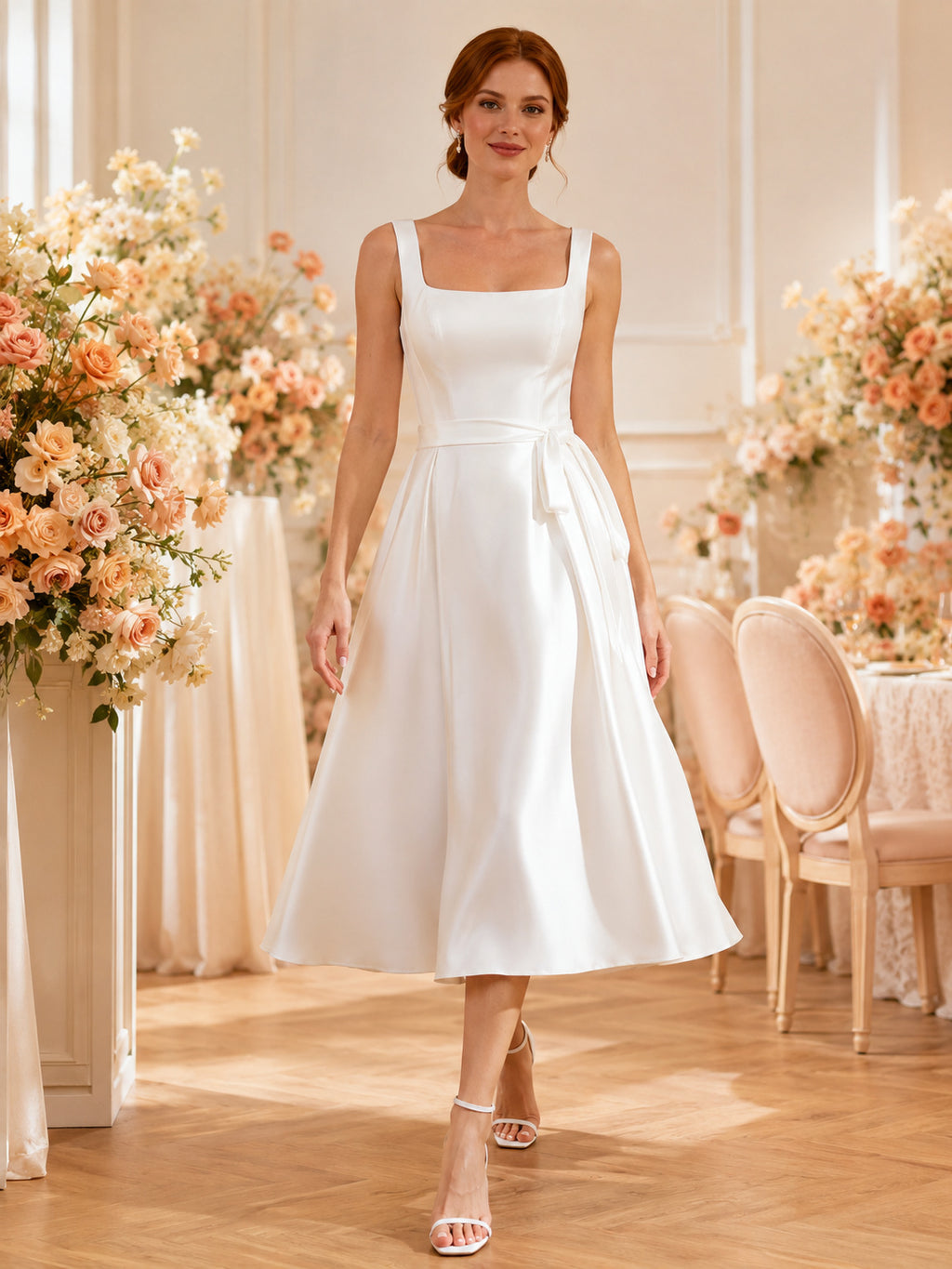 Tea Length Square Neck Satin A Line Bridal Shower Dress front view