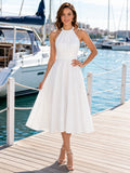 White halter tie neck A-line yacht vacation midi dress front view