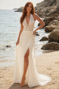 Ivory Halter V-Neck Chiffon A-Line Wedding Dress Split Train for Wedding Ceremony and Reception front view