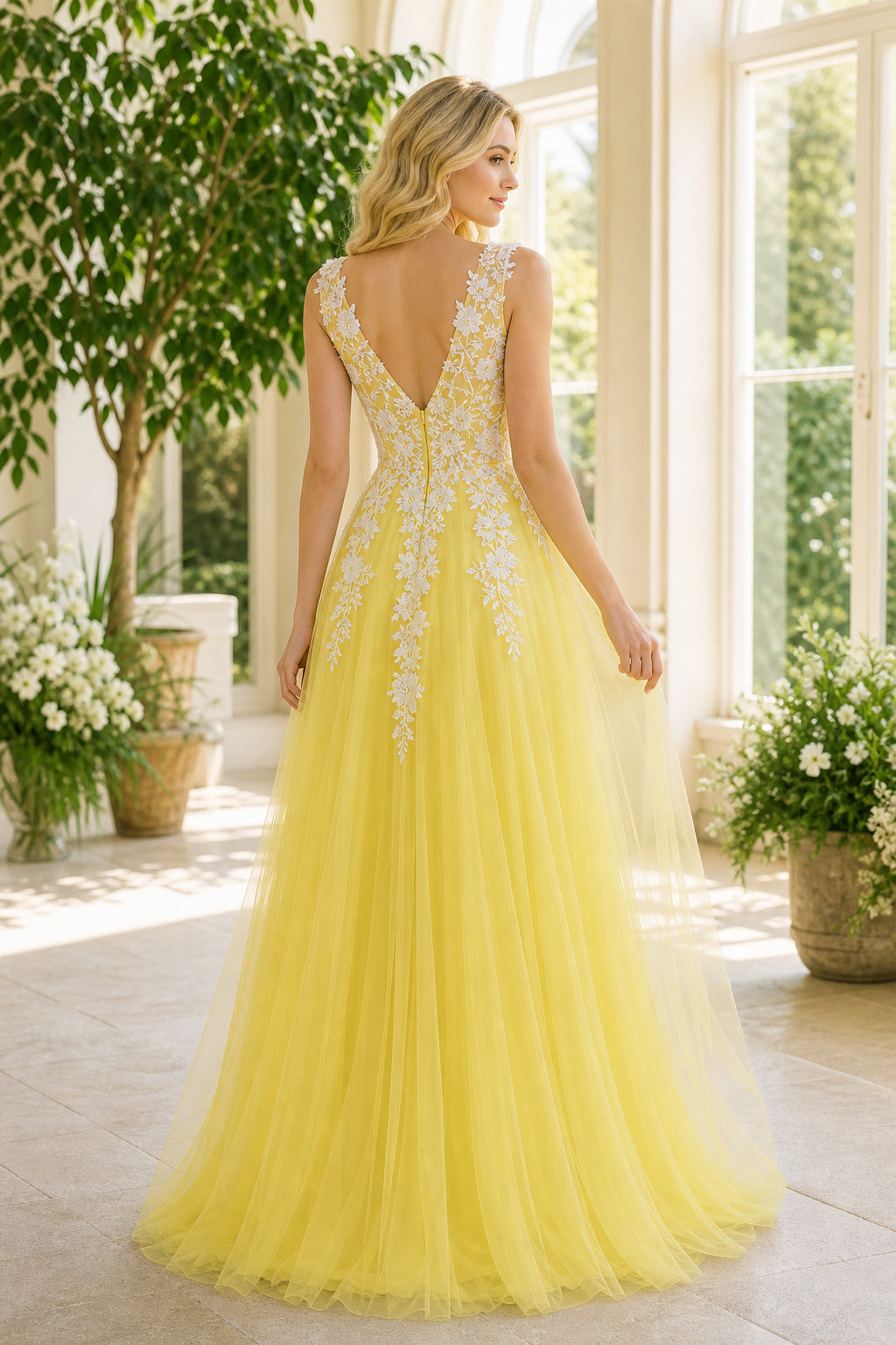 Yellow V-neck Sleeveless A-Line Tulle Floor-Length Dress With Lace Appliques