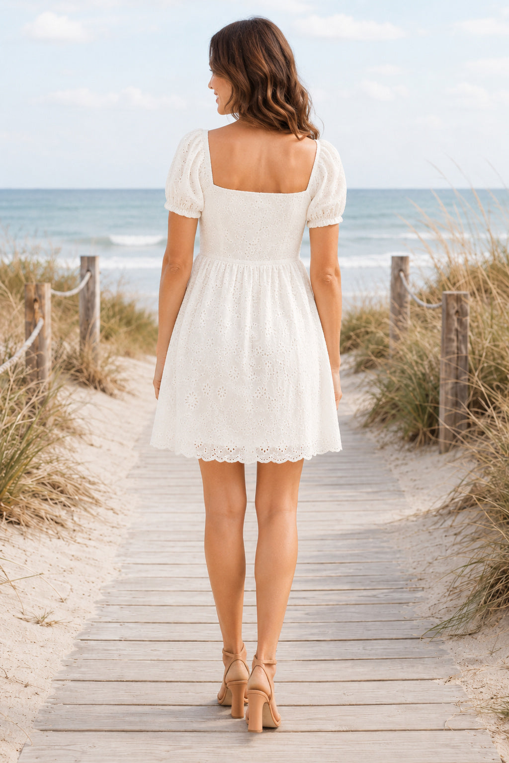 White Square Neck Puff Sleeve A-Line Mini Cocktail Dress with Lace Hem back view