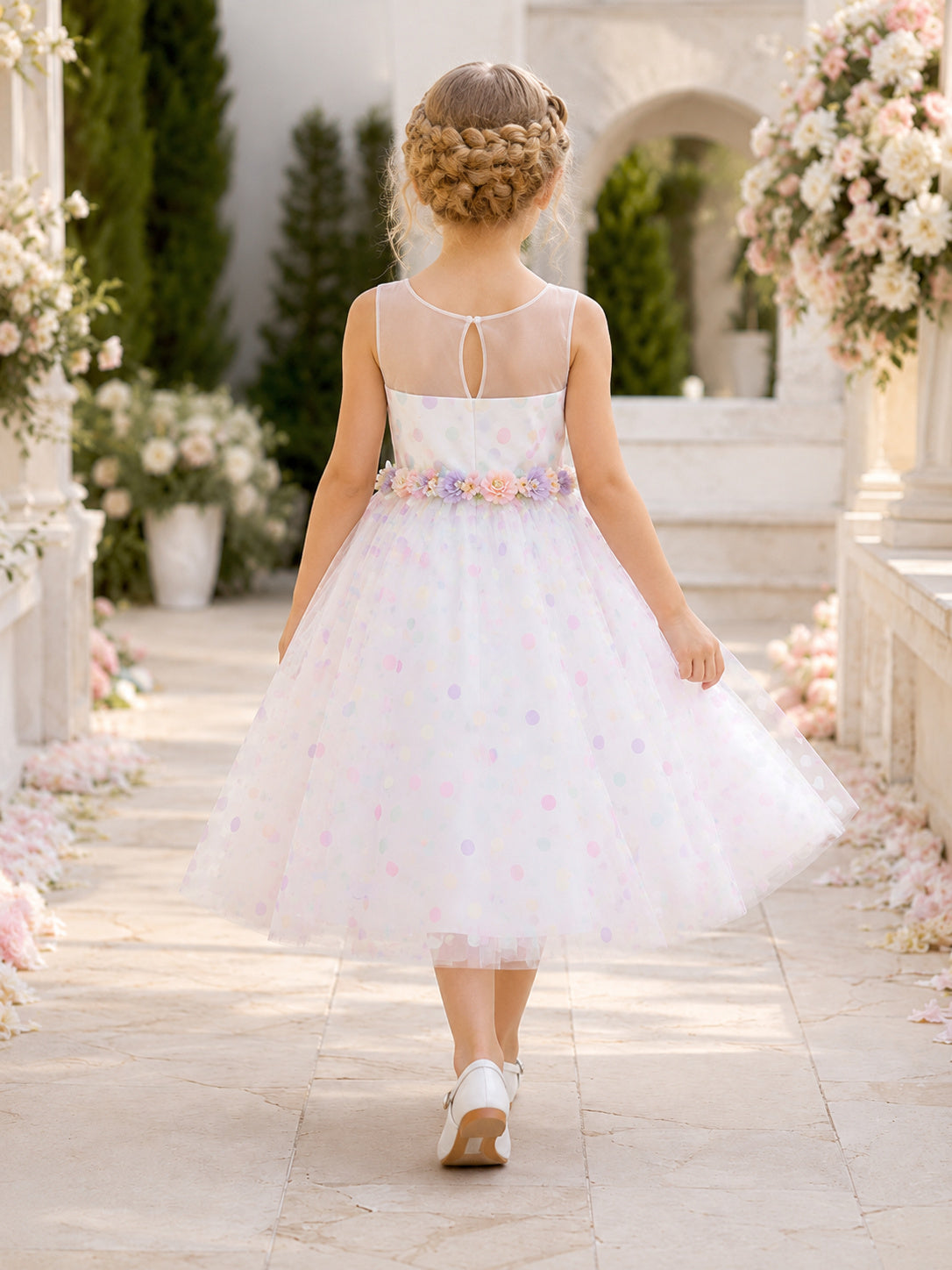 Ivory Polka Dot A-Line Tulle Flower Girl Dress, Sleeveless Square Neck, Floral Waist, Tea-Length Garden back view