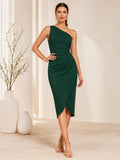Dark Green One Shoulder Slit Sheath Cocktail Dress front view