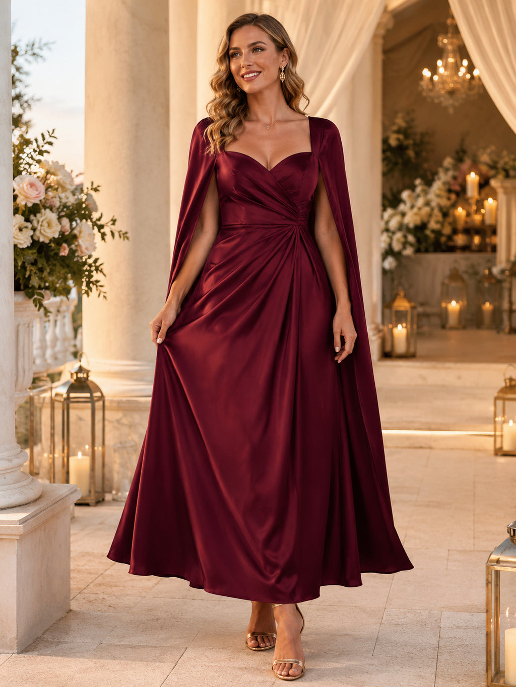 Burgundy Sweetheart Satin A Line Ankle Cape Formal Guest Dress front view