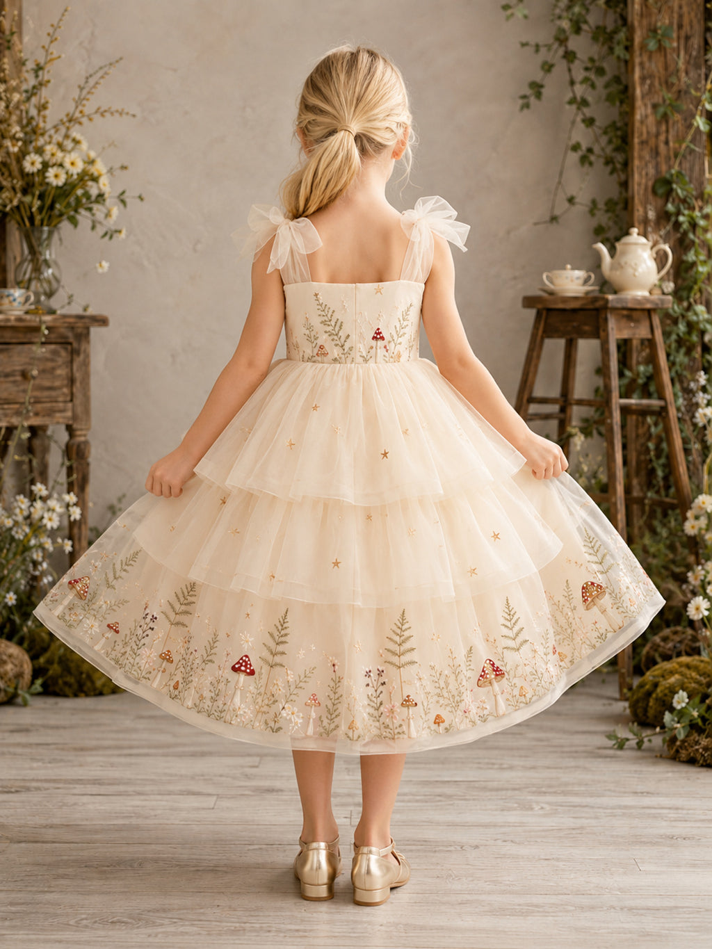 Ivory Shoulder Bow A-Line Flower Girl Dress with Tiered Mushroom Embroidered Tea-Length Tulle Skirt back view